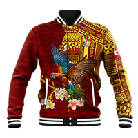 Personalized Tonga Eua Baseball Jacket Maroon Shining Parrot Coat Of Arms With Ngatu Pattern LT05 Unisex Red - Polynesian Pride