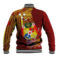 Personalized Tonga Eua Baseball Jacket Maroon Shining Parrot Coat Of Arms With Ngatu Pattern LT05 - Polynesian Pride