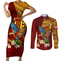 Personalized Tonga Eua Couples Matching Short Sleeve Bodycon Dress and Long Sleeve Button Shirts Maroon Shining Parrot Coat Of Arms With Ngatu Pattern LT05 Red - Polynesian Pride