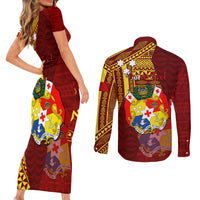 Personalized Tonga Eua Couples Matching Short Sleeve Bodycon Dress and Long Sleeve Button Shirts Maroon Shining Parrot Coat Of Arms With Ngatu Pattern LT05 - Polynesian Pride