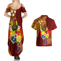 Personalized Tonga Eua Couples Matching Summer Maxi Dress and Hawaiian Shirt Maroon Shining Parrot Coat Of Arms With Ngatu Pattern LT05 - Polynesian Pride