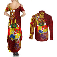 Personalized Tonga Eua Couples Matching Summer Maxi Dress and Long Sleeve Button Shirts Maroon Shining Parrot Coat Of Arms With Ngatu Pattern LT05 - Polynesian Pride