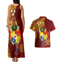Personalized Tonga Eua Couples Matching Tank Maxi Dress and Hawaiian Shirt Maroon Shining Parrot Coat Of Arms With Ngatu Pattern LT05 - Polynesian Pride