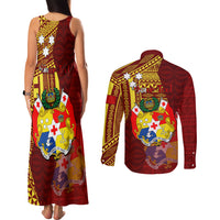 Personalized Tonga Eua Couples Matching Tank Maxi Dress and Long Sleeve Button Shirts Maroon Shining Parrot Coat Of Arms With Ngatu Pattern LT05 - Polynesian Pride