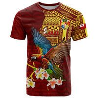 Personalized Tonga Eua T Shirt Maroon Shining Parrot Coat Of Arms With Ngatu Pattern LT05 Red - Polynesian Pride