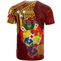 Personalized Tonga Eua T Shirt Maroon Shining Parrot Coat Of Arms With Ngatu Pattern LT05 - Polynesian Pride