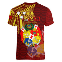 Personalized Tonga Eua Women V Neck T Shirt Maroon Shining Parrot Coat Of Arms With Ngatu Pattern LT05 - Polynesian Pride