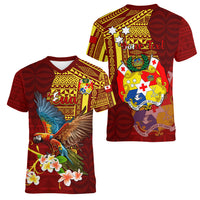 Personalized Tonga Eua Women V Neck T Shirt Maroon Shining Parrot Coat Of Arms With Ngatu Pattern LT05 - Polynesian Pride