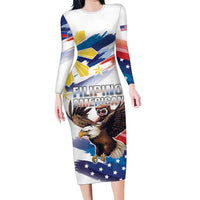Filipino American History Month Family Matching Long Sleeve Bodycon Dress and Hawaiian Shirt Bald Eagle Tarsier Together LT05 Mom's Dress White - Polynesian Pride