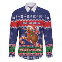 New Zealand Christmas Family Matching Off The Shoulder Long Sleeve Dress and Hawaiian Shirt Kiwi-sh You A Merry Christmas LT05 Dad's Shirt - Long Sleeve Blue - Polynesian Pride