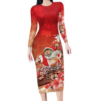 Hawaii Funny Christmas Family Matching Long Sleeve Bodycon Dress and Hawaiian Shirt Santa Surfing With Tapa Pattern LT05 Mom's Dress Red - Polynesian Pride