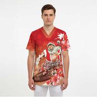 Hawaii Funny Christmas Scrub Top Santa Surfing With Tapa Pattern - Polynesian Pride