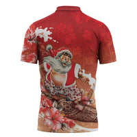 Hawaii Funny Christmas Zipper Polo Shirt Santa Surfing With Tapa Pattern - Polynesian Pride