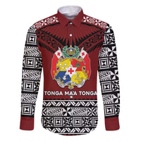 Personalised Tonga Constitution Day Family Matching Off The Shoulder Long Sleeve Dress and Hawaiian Shirt Tongan Kupesi Ngatu Pattern LT05 Dad's Shirt - Long Sleeve Red - Polynesian Pride