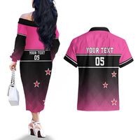 Custom New Zealand Women Cricket Couples Matching Off The Shoulder Long Sleeve Dress and Hawaiian Shirt Pink Simple Style LT05 - Polynesian Pride