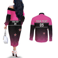 Custom New Zealand Women Cricket Couples Matching Off The Shoulder Long Sleeve Dress and Long Sleeve Button Shirt Pink Simple Style LT05 - Polynesian Pride