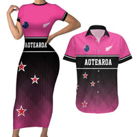 Custom New Zealand Women Cricket Couples Matching Short Sleeve Bodycon Dress and Hawaiian Shirt Pink Simple Style LT05 Pink - Polynesian Pride
