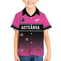 Custom New Zealand Women Cricket Family Matching Off The Shoulder Long Sleeve Dress and Hawaiian Shirt Pink Simple Style LT05 Son's Shirt Pink - Polynesian Pride