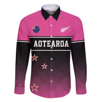 Custom New Zealand Women Cricket Family Matching Off Shoulder Maxi Dress and Hawaiian Shirt Pink Simple Style LT05 Dad's Shirt - Long Sleeve Pink - Polynesian Pride