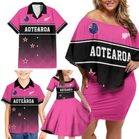 Custom New Zealand Women Cricket Family Matching Off Shoulder Short Dress and Hawaiian Shirt Pink Simple Style LT05 - Polynesian Pride