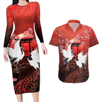 Hawaii and Japan Together Couples Matching Long Sleeve Bodycon Dress and Hawaiian Shirt Polynesian Art Tattoo With Cranes And Sakura LT05 Red - Polynesian Pride