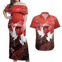 Hawaii and Japan Together Couples Matching Off Shoulder Maxi Dress and Hawaiian Shirt Polynesian Art Tattoo With Cranes And Sakura LT05 Red - Polynesian Pride