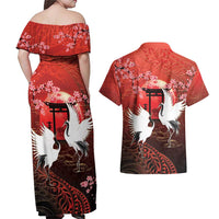 Hawaii and Japan Together Couples Matching Off Shoulder Maxi Dress and Hawaiian Shirt Polynesian Art Tattoo With Cranes And Sakura LT05 - Polynesian Pride
