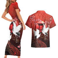Hawaii and Japan Together Couples Matching Short Sleeve Bodycon Dress and Hawaiian Shirt Polynesian Art Tattoo With Cranes And Sakura LT05 - Polynesian Pride