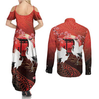 Hawaii and Japan Together Couples Matching Summer Maxi Dress and Long Sleeve Button Shirt Polynesian Art Tattoo With Cranes And Sakura - Polynesian Pride