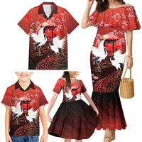 Hawaii and Japan Together Family Matching Mermaid Dress and Hawaiian Shirt Polynesian Art Tattoo With Cranes And Sakura LT05 - Polynesian Pride