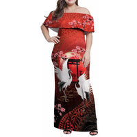 Hawaii and Japan Together Family Matching Off Shoulder Maxi Dress and Hawaiian Shirt Polynesian Art Tattoo With Cranes And Sakura LT05 Mom's Dress Red - Polynesian Pride