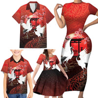 Hawaii and Japan Together Family Matching Short Sleeve Bodycon Dress and Hawaiian Shirt Polynesian Art Tattoo With Cranes And Sakura LT05 - Polynesian Pride