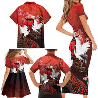 Hawaii and Japan Together Family Matching Short Sleeve Bodycon Dress and Hawaiian Shirt Polynesian Art Tattoo With Cranes And Sakura LT05 - Polynesian Pride