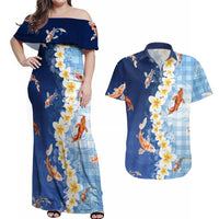 Hawaii And Japan Couples Matching Off Shoulder Maxi Dress and Hawaiian Shirt Plumeria Lei With Koi Fish Blue - Polynesian Pride