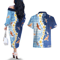 Hawaii And Japan Couples Matching Off The Shoulder Long Sleeve Dress and Hawaiian Shirt Plumeria Lei With Koi Fish Blue LT05 - Polynesian Pride