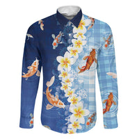 Hawaii And Japan Family Matching Long Sleeve Bodycon Dress and Hawaiian Shirt Plumeria Lei With Koi Fish Blue LT05 Dad's Shirt - Long Sleeve Blue - Polynesian Pride