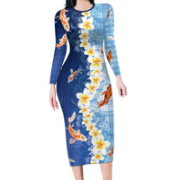 Hawaii And Japan Family Matching Long Sleeve Bodycon Dress and Hawaiian Shirt Plumeria Lei With Koi Fish Blue LT05 Mom's Dress Blue - Polynesian Pride