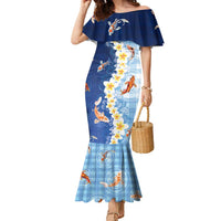 Hawaii And Japan Family Matching Mermaid Dress and Hawaiian Shirt Plumeria Lei With Koi Fish Blue LT05 Mom's Dress Blue - Polynesian Pride
