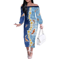 Hawaii And Japan Family Matching Off The Shoulder Long Sleeve Dress and Hawaiian Shirt Plumeria Lei With Koi Fish Blue LT05 Mom's Dress Blue - Polynesian Pride
