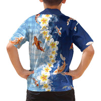 Hawaii And Japan Family Matching Off Shoulder Maxi Dress and Hawaiian Shirt Plumeria Lei With Koi Fish Blue LT05 - Polynesian Pride