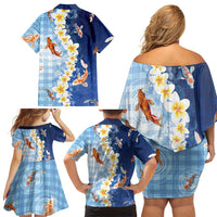 Hawaii And Japan Family Matching Off Shoulder Short Dress and Hawaiian Shirt Plumeria Lei With Koi Fish Blue LT05 - Polynesian Pride