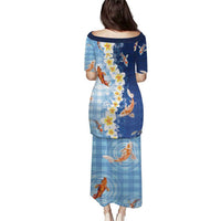 Hawaii And Japan Family Matching Puletasi and Hawaiian Shirt Plumeria Lei With Koi Fish Blue LT05 - Polynesian Pride