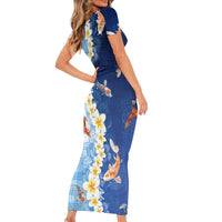 Hawaii And Japan Family Matching Short Sleeve Bodycon Dress and Hawaiian Shirt Plumeria Lei With Koi Fish Blue LT05 - Polynesian Pride
