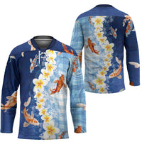 Hawaii And Japan Hockey Jersey Plumeria Lei With Koi Fish Blue - Polynesian Pride