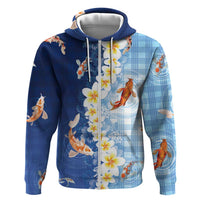 Hawaii And Japan Hoodie Plumeria Lei With Koi Fish Blue LT05 Zip Hoodie Blue - Polynesian Pride