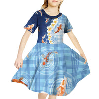 Hawaii And Japan Kid Short Sleeve Dress Plumeria Lei With Koi Fish Blue - Polynesian Pride