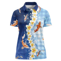 Hawaii And Japan Women Polo Shirt Plumeria Lei With Koi Fish Blue - Polynesian Pride