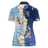 Hawaii And Japan Women Polo Shirt Plumeria Lei With Koi Fish Blue - Polynesian Pride