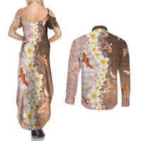 Hawaii And Japan Couples Matching Summer Maxi Dress and Long Sleeve Button Shirt Plumeria Lei With Koi Fish Beige - Polynesian Pride