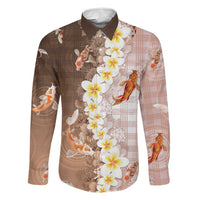 Hawaii And Japan Family Matching Mermaid Dress and Hawaiian Shirt Plumeria Lei With Koi Fish Beige LT05 Dad's Shirt - Long Sleeve Beige - Polynesian Pride